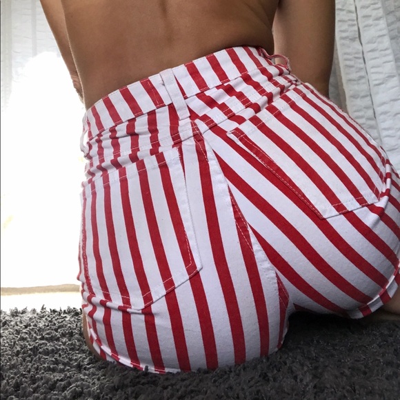 high waisted red and white striped shorts